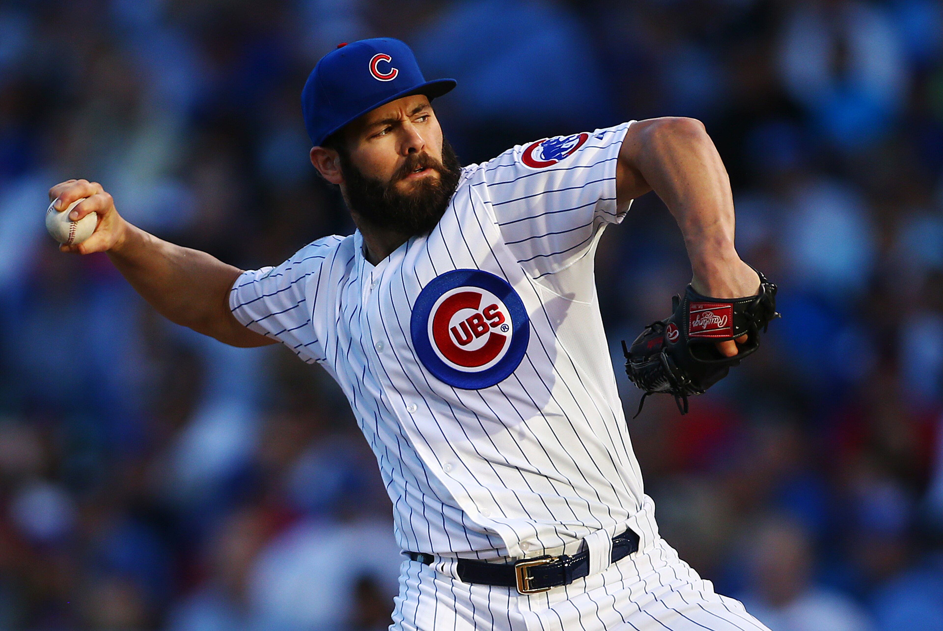 Oct 12, 2015; Chicago, IL, USA; Chicago Cubs starting pitcher Jake Arrieta (49) throws a pitch during the second inning against the St. Louis Cardinals in game three of the NLDS at Wrigley Field. Mandatory Credit: Jerry Lai-USA TODAY Sports