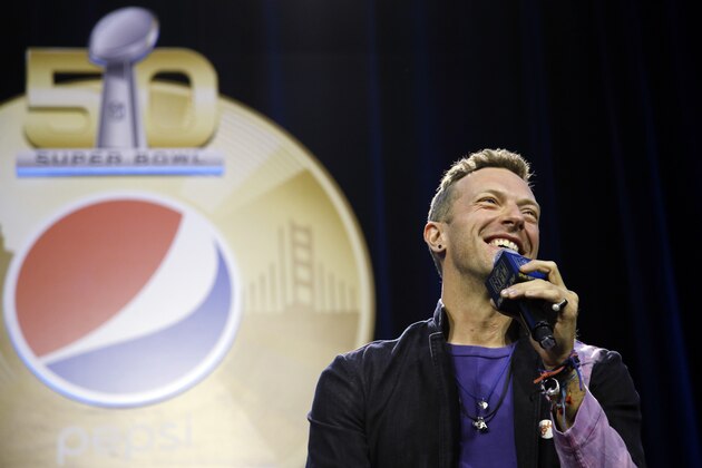 Chris Martin of Coldplay speaks during a halftime news conference for the upcoming NFL Super Bowl 50 football game Thursday, Feb. 4, 2016, in San Francisco. (AP Photo/Matt Slocum)