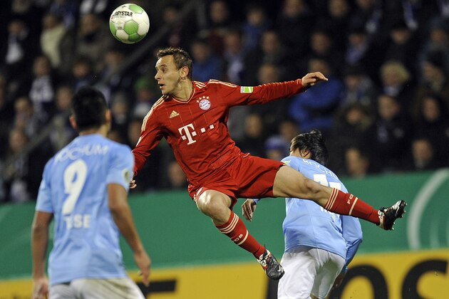 Bayern's Rafinha fights for the ball during the German Soccer Cup match (DFB Pokal) between VfL Bochum and Bayern Munich in Bochum, Germany, Tuesday, Dec. 20, 2011. Bochum was defeated by Bayern with 1-2. (AP Photo/Martin Meissner) NO MOBILE USE UNTIL 2 HOURS AFTER THE MATCH, WEBSITE USERS ARE OBLIGED TO COMPLY WITH DFB-RESTRICTIONS, SEE INSTRUCTIONS FOR DETAILS