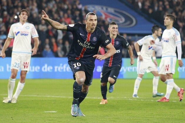 PARIS, FRANCE - OCTOBER 04:  Zlatan Ibrahimovic of Paris Saint-Germain celebrate his goal during the French  Ligue 1 between Paris Saint-Germain and Olympique de Marseille at Parc Des Princes on october 4, 2015 in Paris, France.  (Photo by Xavier Laine/Getty Images)