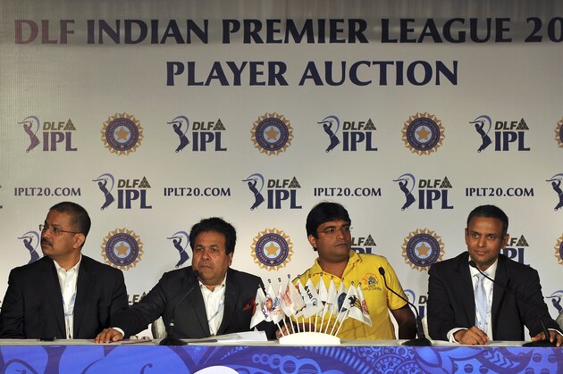 (L to R) Chairman of Delhi Daredevils Kiran K. Grandhi, CEO of Kolkata Knight Riders Venki Mysore, IPL Chairman Rajiv Shukla, owner of Chennai Super Kings Gurunath Meiyappan, and IPL CEO Sundar Raman attend a press conference for the players' auction for the fifth edition of the Indian Premier League (IPL) cricket in Bangalore on February 4, 2012. AFP PHOTO/Manjunath KIRAN (Photo credit should read Manjunath Kiran/AFP/Getty Images)