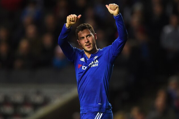 MILTON KEYNES, ENGLAND - JANUARY 31:  Eden Hazard of Chelsea celebrates scoring his penalty during the Emirates FA Cup Fourth Round match between Milton Keynes Dons and Chelsea at Stadium mk on January 31, 2016 in Milton Keynes, England.  (Photo by Mike Hewitt/Getty Images)