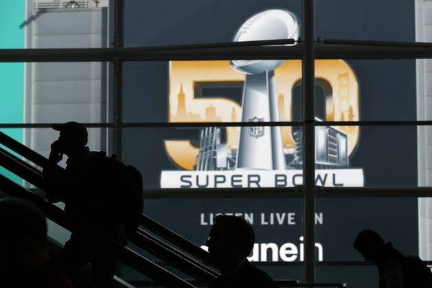 Feb 5, 2016; San Francisco, CA, USA; General view of a NFL logo seen through the Moscone Center in advance of Super Bowl 50. Mandatory Credit: Cary Edmondson-USA TODAY Sports