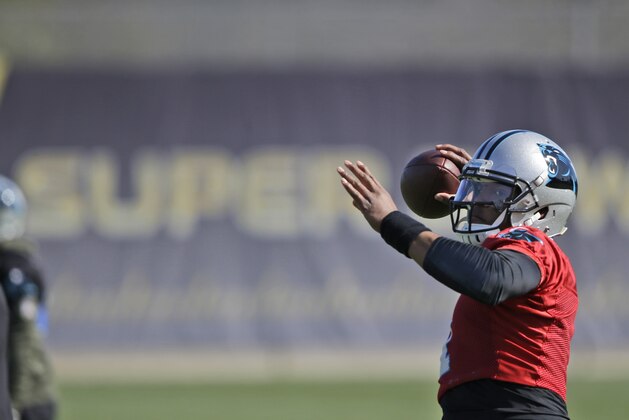 Carolina Panthers quarterback Cam Newton (1) throws during practice in preparation for the Super Bowl 50 football game Friday Feb. 5, 2016 in San Jose, Calif. (AP Photo/Marcio Jose Sanchez)