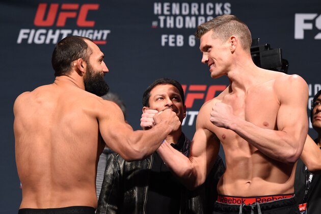 LAS VEGAS, NV - FEBRUARY 05:  (L-R) Opponents Johny Hendricks and Stephen Thompson face off during the UFC Fight Night weigh-in at the MGM Grand Conference Center on February 5, 2016 in Las Vegas, Nevada. (Photo by Josh Hedges/Zuffa LLC/Zuffa LLC via Getty Images)