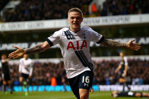 LONDON, ENGLAND - FEBRUARY 06: Kieran Trippier of Tottenham Hotspur celebrates scoring his team's first goal during the Barclays Premier League match between Tottenham Hotspur and Watford at White Hart Lane on February 6, 2016 in London, England.  (Photo by Clive Rose/Getty Images)