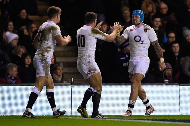 EDINBURGH, SCOTLAND - FEBRUARY 06:  (R-L) Jack Nowell of Englandnis congratulated by teammates George Ford and Owen Farrell after scoring his team's second try during the RBS Six Nations match between Scotland and England at Murrayfield Stadium on February 6, 2016 in Edinburgh, Scotland.  (Photo by Stu Forster/Getty Images)