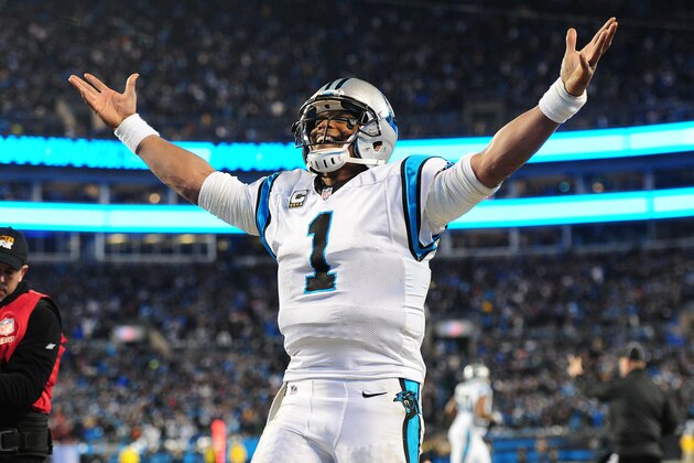 CHARLOTTE, NC - JANUARY 24: Cam Newton #1 of the Carolina Panthers celebrates after a score against the Arizona Cardinals during the NFC Championship Game at Bank Of America Stadium on January 24, 2016 in Charlotte, North Carolina. (Photo by Scott Cunningham/Getty Images)
