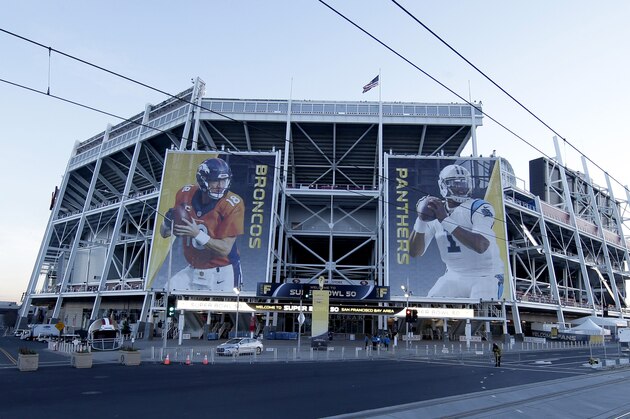 Banners for the Denver Broncos and Carolina Panthers hang outside Levi's Stadium in advance of Sunday's NFL Super Bowl 50 football game Friday, Feb. 5, 2016, in Santa Clara, Calif. (AP Photo/Charlie Riedel)