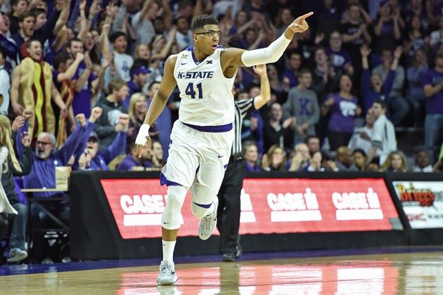 MANHATTAN, KS - FEBRUARY 06: Forward Stephen Hurt #41 of the Kansas State Wildcats reacts after hitting a three-point shot against the Oklahoma Sooners during the second half on February 6, 2016 at Bramlage Coliseum in Manhattan, Kansas. (Photo by Peter G. Aiken/Getty Images)
