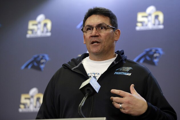 Carolina Panthers head coach Ron Rivera answers questions during a press conference in preparation for the Super Bowl 50 football game Thursday Feb. 4, 2016 in San Jose, Calif. (AP Photo/Marcio Jose Sanchez)