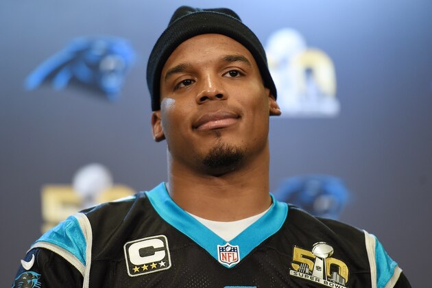 SAN JOSE, CA - FEBRUARY 04:  Quarterback Cam Newton #1 of the Carolina Panther addresses the media during media availability prior to Super Bowl 50 at the San Jose Convention Center/ San Jose Marriott on February 3, 2016 in San Jose, California.  (Photo by Thearon W. Henderson/Getty Images)