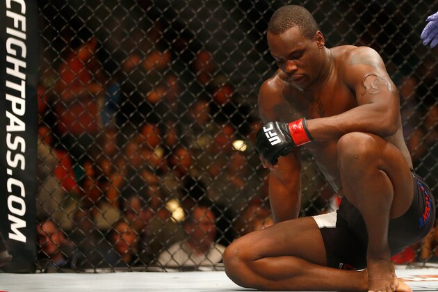 LAS VEGAS, NV - FEBRUARY 06:  Ovince Saint Preux celebrates after defeating Rafael 'Feijao' Cavalcante of Brazil in their light heavyweight bout during the UFC Fight Night event at MGM Grand Garden Arena on February 6, 2016 in Las Vegas, Nevada.  (Photo by Jamie Squire /Zuffa LLC/Zuffa LLC via Getty Images)