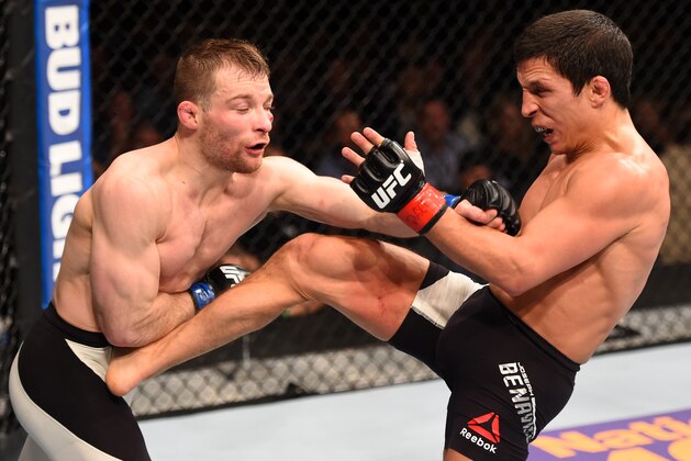 LAS VEGAS, NV - FEBRUARY 06:  (L-R) Zach Makovsky fights Joseph Benavidez in their flyweight bout during the UFC Fight Night event at MGM Grand Garden Arena on February 6, 2016 in Las Vegas, Nevada.  (Photo by Josh Hedges/Zuffa LLC/Zuffa LLC via Getty Images)