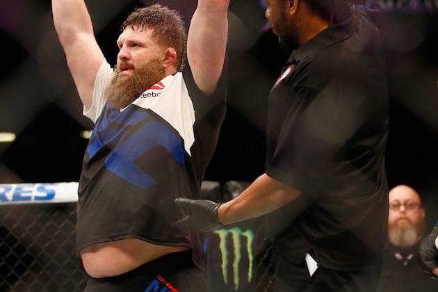 LAS VEGAS, NV - FEBRUARY 06:  Roy Nelson celebrates after defeating Jared Rosholt in their heavyweight bout during the UFC Fight Night event at MGM Grand Garden Arena on February 6, 2016 in Las Vegas, Nevada.  (Photo by Jamie Squire /Zuffa LLC/Zuffa LLC via Getty Images)