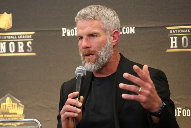 Former NFL player Brett Favre, who will be inducted into the Pro Football Hall of Fame class of 2016, speaks in the Hall of Fame press room at the the 5th annual NFL Honors at the Bill Graham Civic Auditorium on Saturday, Feb. 6, 2016, in San Francisco. (Photo by Jack Dempsey/Invision for NFL/AP Images)