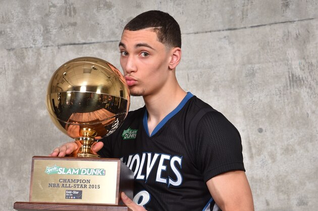 BROOKLYN, NY - FEBRUARY 14: Zach LaVine #8 of the Minnesota Timberwolves poses with his trophy after winning the Sprite Slam Dunk Contest on State Farm All-Star Saturday Night as part of the 2015 All-Star Weekend at The Barclays Center on February 14, 2015 in Brooklyn, New York. NOTE TO USER: User expressly acknowledges and agrees that, by downloading and/or using this photograph, user is consenting to the terms and conditions of the Getty Images License Agreement. Mandatory Copyright Notice: Copyright 2015 NBAE (Photo by Jesse D. Garrabrant/NBAE via Getty Images