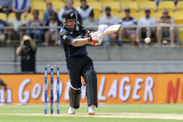 New Zealand’s Brendon McCullum bats against Australia in their second One Day International cricket match at Westpac Stadium in Wellington, New Zealand, Saturday, Feb. 6, 2016. (Ross Setford/SNPA via AP) NEW ZEALAND OUT