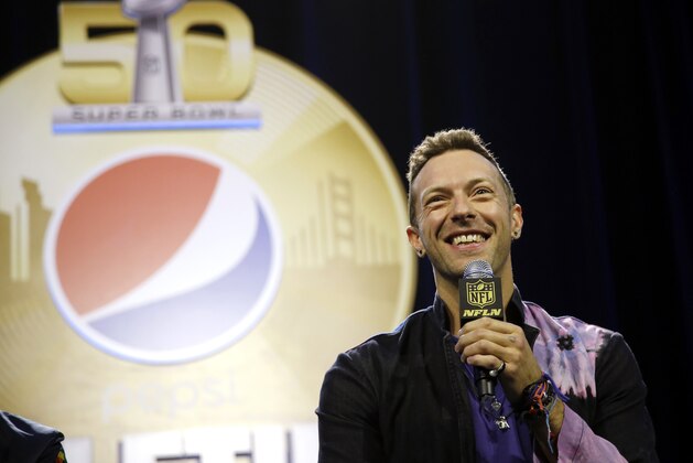 Chris Martin of Coldplay speaks during a halftime news conference for the upcoming NFL Super Bowl 50 football game Thursday, Feb. 4, 2016, in San Francisco. (AP Photo/Matt Slocum)