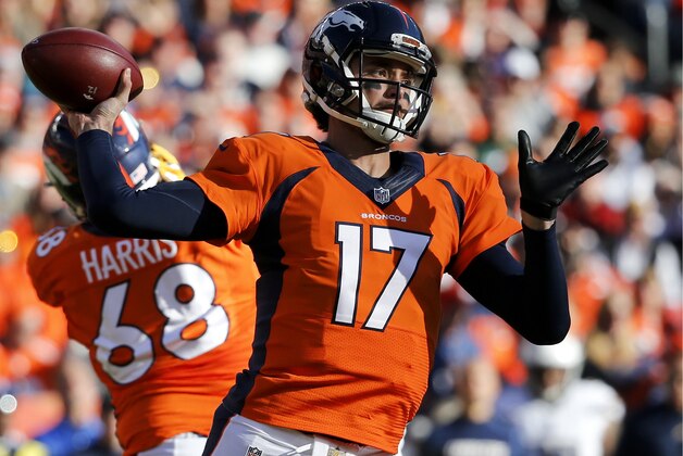 FILE - In this Jan. 3, 2016, file photo, Denver Broncos quarterback Brock Osweiler throws for a touchdown against the San Diego Chargers during the first half in an NFL football game in Denver. Osweiler had some success filling in for Peyton Manning this season and Derek Anderson once went to the Pro Bowl. The Super Bowl could come down to one of the backups if Peyton Manning or Cam Newton get hurt.  (AP Photo/Jack Dempsey, File)