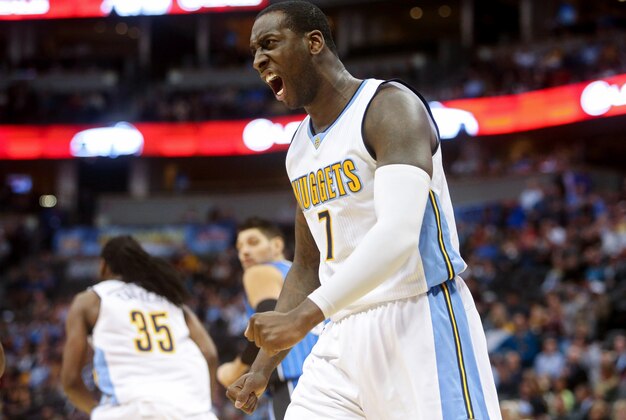 Dec 8, 2015; Denver, CO, USA; Denver Nuggets center JJ Hickson (7) reacts during the first half against the Orlando Magic at Pepsi Center. Mandatory Credit: Chris Humphreys-USA TODAY Sports