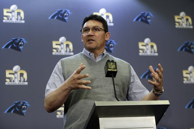 Carolina Panthers head coach Ron Rivera answers questions during a press conference Tuesday, Feb. 2, 2016 in San Jose, Calif. Carolina plays the Denver Broncos in the NFL Super Bowl 50 football game Sunday, Feb. 7, 2015, in Santa Clara, Calif. (AP Photo/Marcio Jose Sanchez)