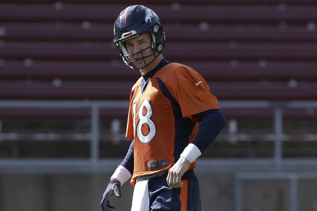 Denver Broncos quarterback Peyton Manning (18) stands on the field during an NFL football practice in Stanford, Calif., Thursday, Feb. 4, 2016. (AP Photo/Jeff Chiu)