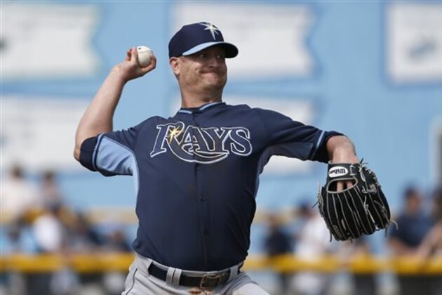 FILE - This Feb. 28, 2015, file photo shows Tampa Bay Rays' Alex Cobb throwing batting practice at baseball spring training in Port Charlotte Fla. Cobb has tendinitis in his right forearm and is expected to miss his planned  opening-day start against Baltimore on April 6. The Rays made the announcement Wednesday, March 18, 2015.  (AP Photo/Tony Gutierrez, File)