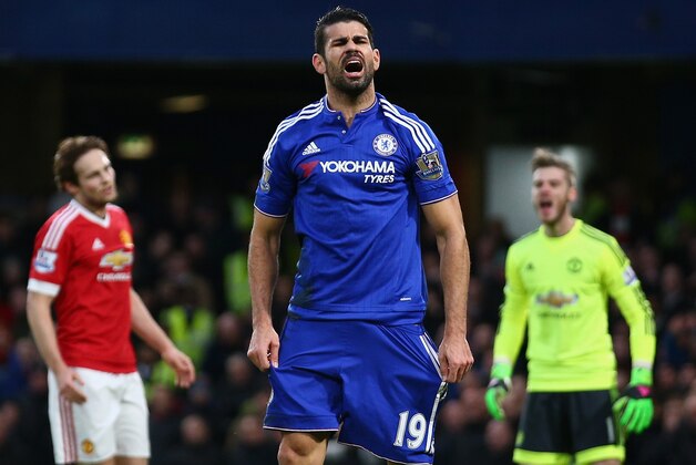 LONDON, ENGLAND - FEBRUARY 07: Diego Costa of Chelsea reacts during the Barclays Premier League match between Chelsea and Manchester United at Stamford Bridge on February 7, 2016 in London, England.  (Photo by Paul Gilham/Getty Images)