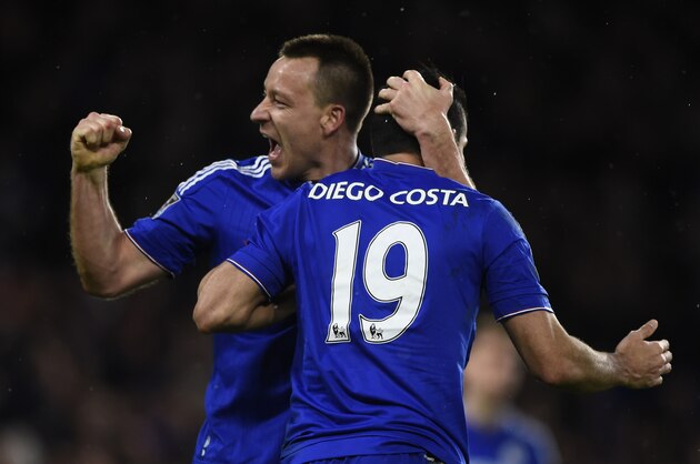 LONDON, ENGLAND - FEBRUARY 07: Captain John Terry of Chelsea with goal scorer Diego Costa of Chelsea during the Barclays Premier League match between Chelsea and Manchester United at Stamford Bridge on February 7, 2016 in London, England.  (Photo by Mike Hewitt/Getty Images)