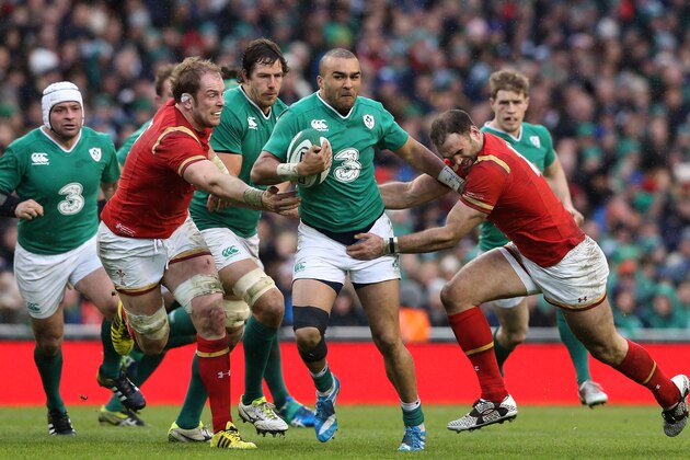 DUBLIN, IRELAND - FEBRUARY 07:  Simon Zebo of Ireland is tackled by Alun Wyn Jones and Jamie Roberts of Wales during the RBS Six Nations match between Ireland and Wales at the Aviva Stadium on February 7, 2016 in Dublin, Ireland.  (Photo by David Rogers/Getty Images)