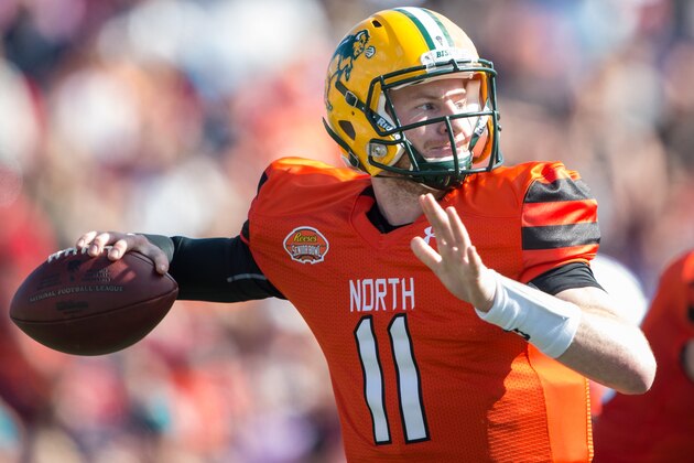MOBILE, AL - JANUARY 30: North team's quarterback Carson Wentz #11 with North Dakota State looks to throw a pass during their game against the South Team on January 30, 2016 at Ladd-Peebles Stadium in Mobile, Alabama. (Photo by Michael Chang/Getty Images)