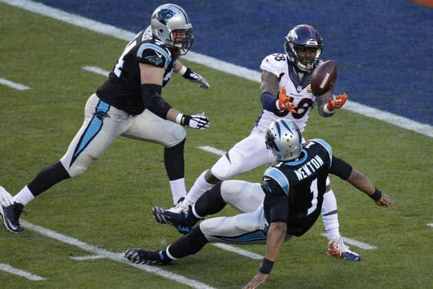 Denver Broncos’ Von Miller (58) strips the ball from Carolina Panthers’ Cam Newton (1) during the first half of the NFL Super Bowl 50 football game Sunday, Feb. 7, 2016, in Santa Clara, Calif. The Broncos recovered the ball for a touchdown. (AP Photo/Charlie Riedel)