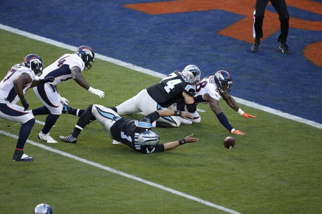 Denver Broncos’ Von Miller (58) hits Carolina Panthers’ Cam Newton (1) causing a fumble during the first half of the NFL Super Bowl 50 football game Sunday, Feb. 7, 2016, in Santa Clara, Calif. (AP Photo/Charlie Riedel)