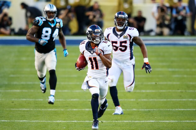 SANTA CLARA, CA - FEBRUARY 07:  Jordan Norwood #11 of the Denver Broncos returns a punt against the Carolina Panthers in the second quarter during Super Bowl 50 at Levi's Stadium on February 7, 2016 in Santa Clara, California.  (Photo by Maddie Meyer/Getty Images)