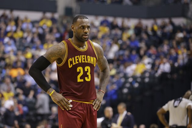 Cleveland Cavaliers forward LeBron James (23) during the second half of an NBA basketball game against the Indiana Pacers in Indianapolis, Monday, Feb. 1, 2016. The Cavaliers defeated the Pacers 111-106 in overtime. (AP Photo/Michael Conroy)