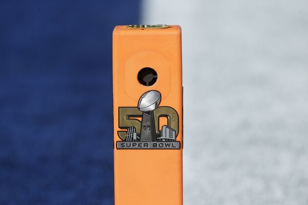 The Super Bowl logo is seen on a pylon before the NFL Super Bowl 50 football game between the Denver Broncos and the Carolina Panthers. Sunday, Feb. 7, 2016, in Santa Clara, Calif. (AP Photo/Jeff Chiu)