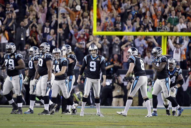 Carolina Panthers’ Graham Gano (9) reacts after missing a field goal during the second half of the NFL Super Bowl 50 football game against the Denver Broncos, Sunday, Feb. 7, 2016, in Santa Clara, Calif. (AP Photo/Julie Jacobson)