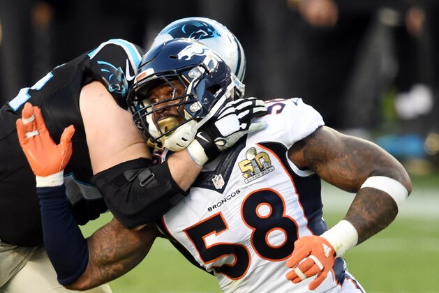 Feb 7, 2016; Santa Clara, CA, USA; Denver Broncos outside linebacker Von Miller (58) rushes against Carolina Panthers tackle Mike Remmers (74) in the second quarter in Super Bowl 50 at Levi's Stadium. Mandatory Credit: Robert Hanashiro-USA TODAY Sports