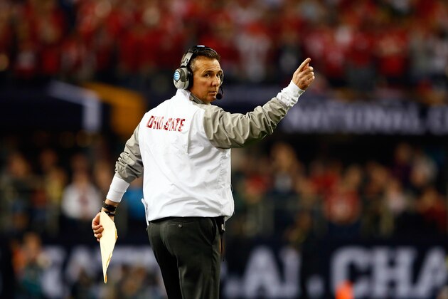 ARLINGTON, TX - JANUARY 12:  Head Coach Urban Meyer of the Ohio State Buckeyes looks on against the Oregon Ducks during the College Football Playoff National Championship Game at AT&T Stadium on January 12, 2015 in Arlington, Texas.  (Photo by Kevin C. Cox/Getty Images)
