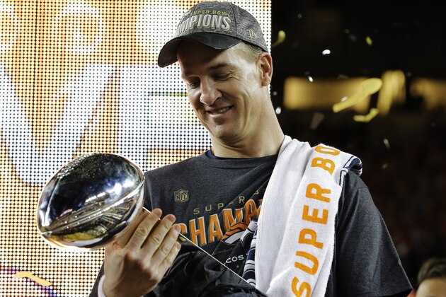 Denver Broncos’ Peyton Manning holds up the trophy after the NFL Super Bowl 50 football game Sunday, Feb. 7, 2016, in Santa Clara, Calif. The Broncos beat the Panthers 24-10.  (AP Photo/David J. Phillip)