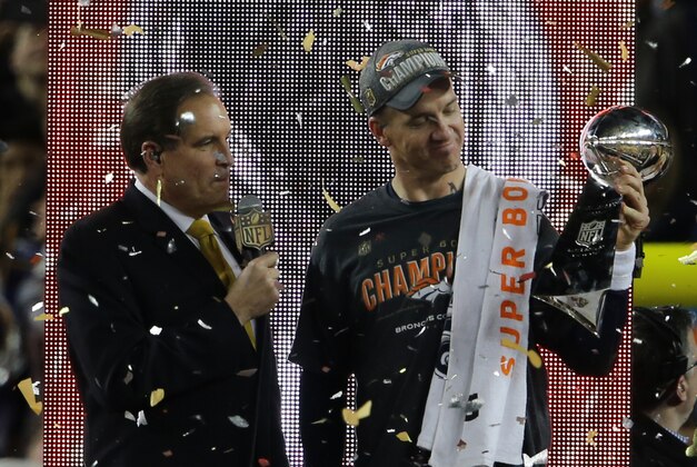 Feb 7, 2016; Santa Clara, CA, USA; Denver Broncos quarterback Peyton Manning (18) celebrates after defeating the Carolina Panthers in Super Bowl 50 at Levi's Stadium. Mandatory Credit: Kelley L Cox-USA TODAY Sports