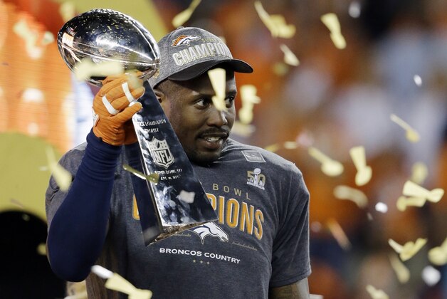 Denver Broncos’ Von Miller holds the trophy after the NFL Super Bowl 50 football game Sunday, Feb. 7, 2016, in Santa Clara, Calif. The Broncos won 24-10. (AP Photo/Ben Margot)