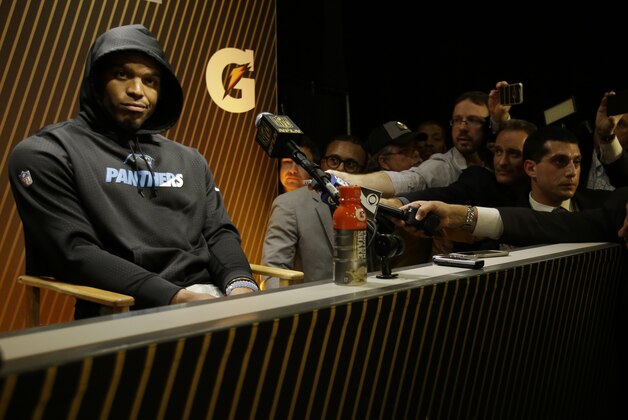Carolina Panthers’ Cam Newton answers questions after the NFL Super Bowl 50 football game against the Denver Broncos Sunday, Feb. 7, 2016, in Santa Clara, Calif.  The Broncos won 24-10. (AP Photo/Marcio Jose Sanchez)