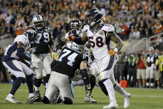 Denver Broncos’ Von Miller (58) celebrates after a play during the second half of the NFL Super Bowl 50 football game against the Carolina Panthers, Sunday, Feb. 7, 2016, in Santa Clara, Calif. (AP Photo/Ben Margot)