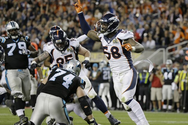 Denver Broncos’ Von Miller (58) celebrates after a play during the second half of the NFL Super Bowl 50 football game against the Carolina Panthers, Sunday, Feb. 7, 2016, in Santa Clara, Calif. (AP Photo/Ben Margot)