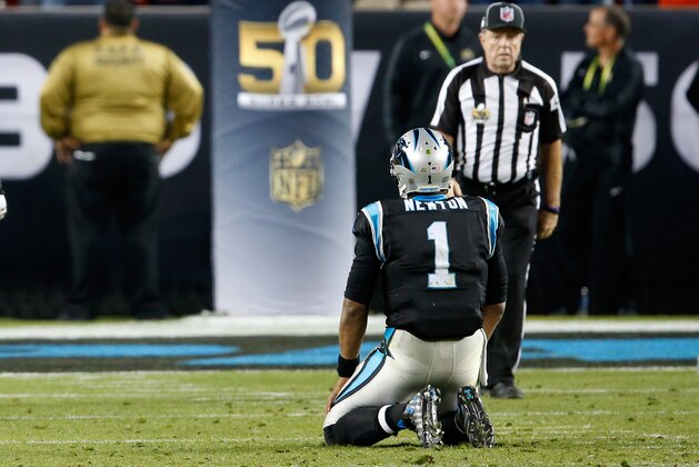 SANTA CLARA, CA - FEBRUARY 07:  Cam Newton #1 of the Carolina Panthers kneels on the field after fumbling the ball to the Denver Broncos in the fourth quarter Super Bowl 50 at Levi's Stadium on February 7, 2016 in Santa Clara, California.  (Photo by Sean M. Haffey/Getty Images)