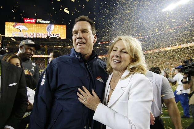 Denver Broncos’ head coach Gary Kubiak and his wife Rhonda celebrate after the NFL Super Bowl 50 football game against the Carolina Panthers, Sunday, Feb. 7, 2016, in Santa Clara, Calif. The Broncos won 24-10. (AP Photo/Matt Slocum)