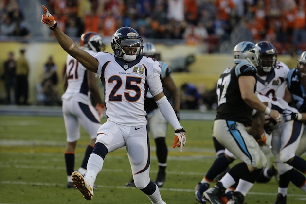 Denver Broncos’ Chris Harris Jr. (25) reacts after the Broncos recovered a fumble by the Carolina Panthers during the first half of the NFL Super Bowl 50 football game Sunday, Feb. 7, 2016, in Santa Clara, Calif. (AP Photo/Gregory Bull)