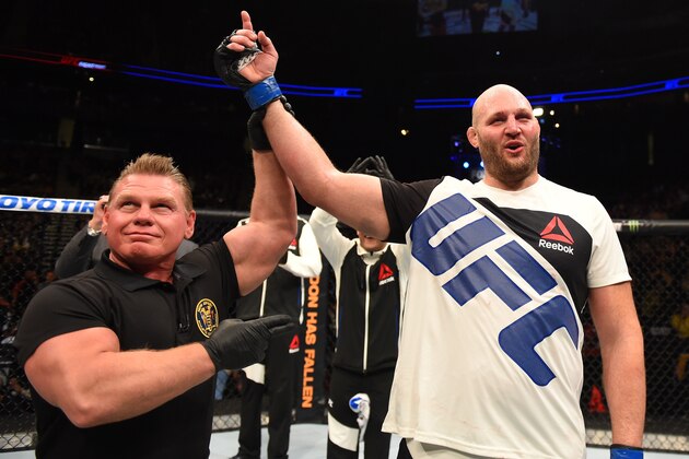 NEWARK, NJ - JANUARY 30:  Ben Rothwell celebrates his submission victory over Josh Barnett in their heavyweight bout during the UFC Fight Night event at the Prudential Center on January 30, 2016 in Newark, New Jersey. (Photo by Josh Hedges/Zuffa LLC/Zuffa LLC via Getty Images)